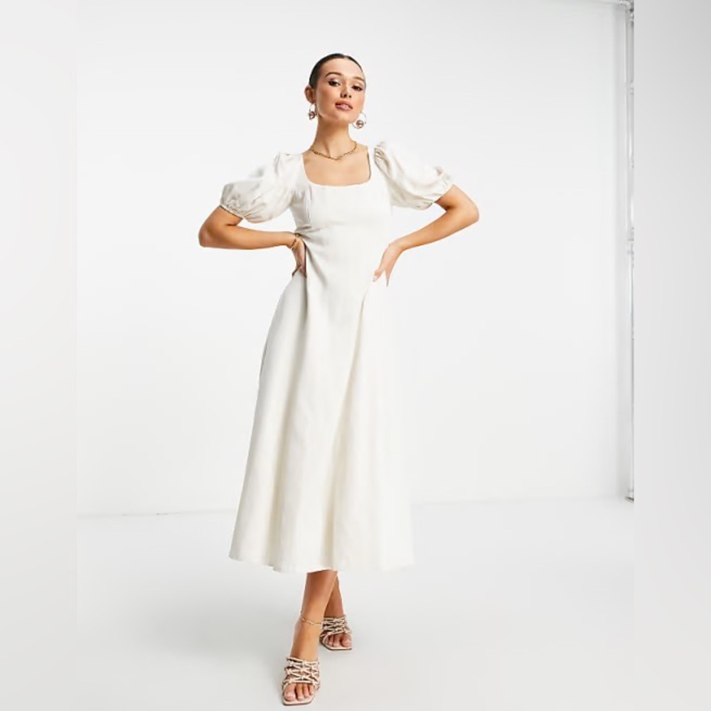 & Other Stories Cream Puff-Sleeve Midi Linen Dress with Side Slit